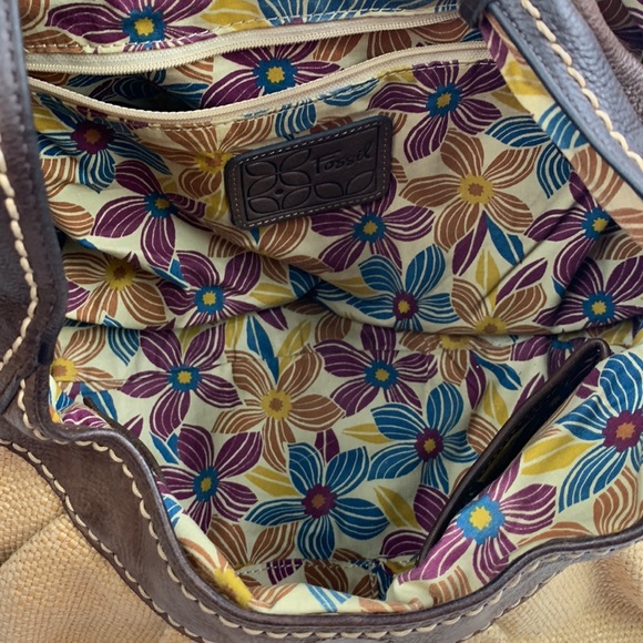 Fossil Hobo Tweed Leather Bag Light Dark Brown Floral Lining silver buckle - Picture 7 of 16